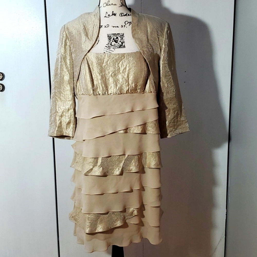 S.L Fashions|Gold & Champagne Cream Tiered Ruffle Dress Vintage Evening Sz.18